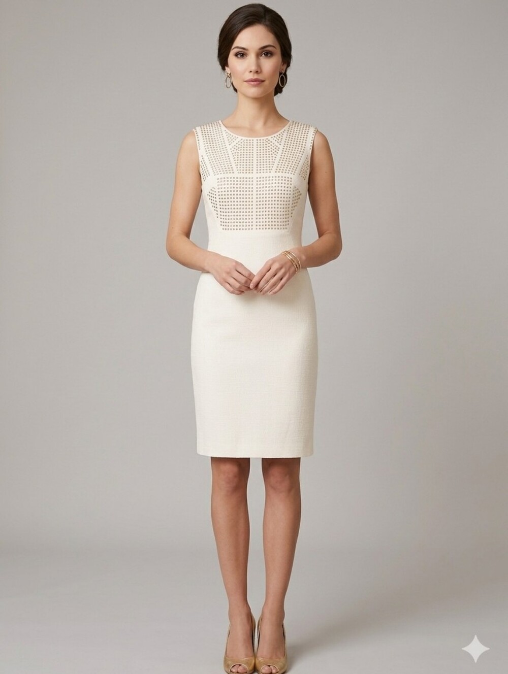 Jones New York Cream Sleeveless Midi Dress with Eyelet Bodice